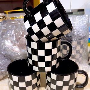 4 Black & White Checkerboard Ceramic Coffee Mug - Home Dining